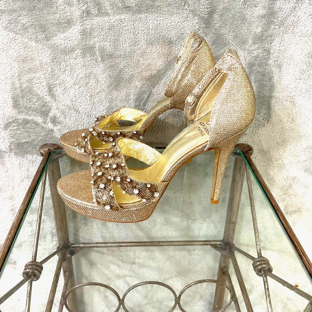 Adrianna Papell Shoes Stilettos 9.5 Dress Sandals Black Gold Sole 5” Heels *